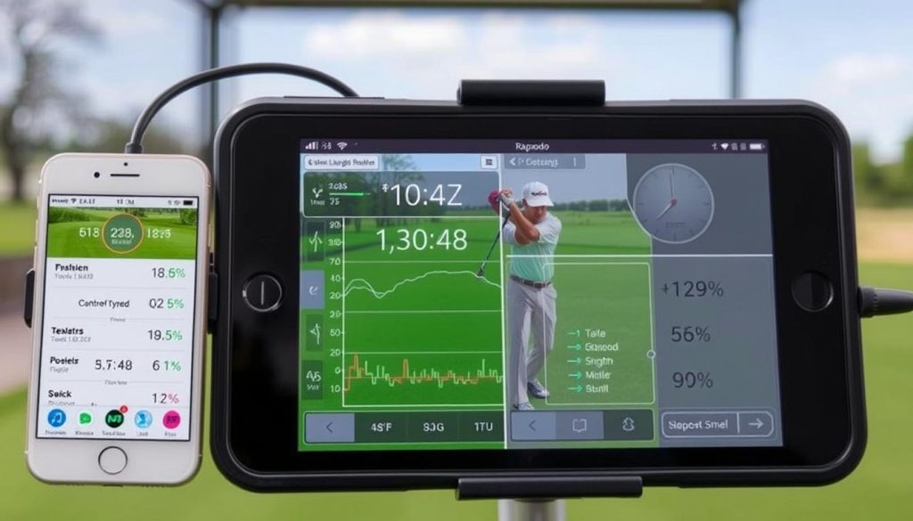 Generate an image of Rapsodo Mobile Launch Monitor connected to an iOS device, displaying various golf swing metrics.
