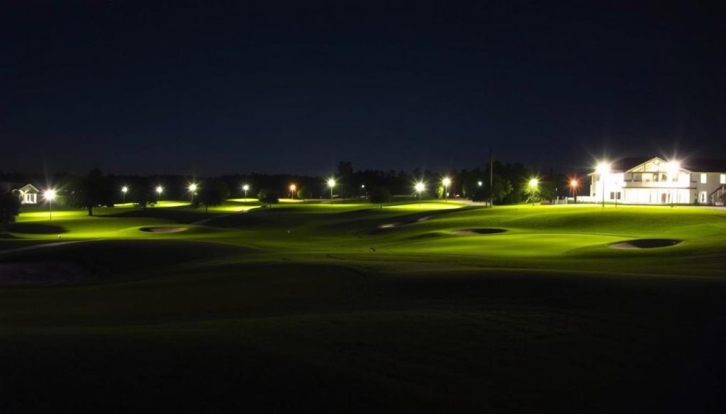 Image of Beacon Lakes Golf Club at night with illuminated fairways and greens