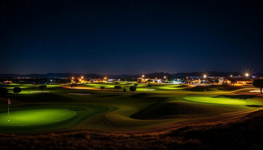 Image of a night golf course in Southern California with illuminated greens and fairways