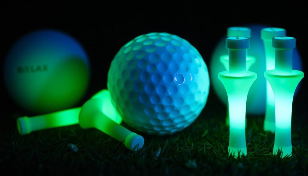 Night golf accessories including glow-in-the-dark balls and tees